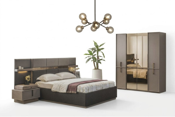 Letto matrimoniale Camera da letto completa Letto 4 pezzi Grigio Comodini Armadio