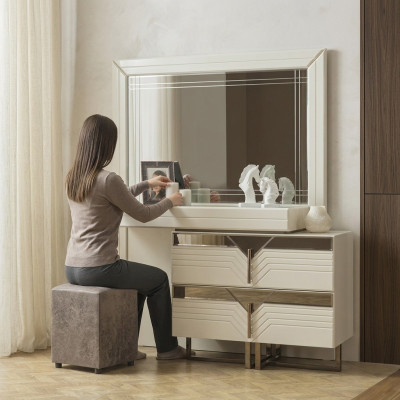 Tavolo da trucco, tavolo da toeletta, scrivania, legno, comò camera da letto bianco.