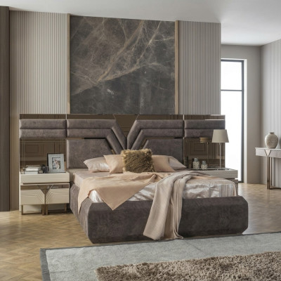 Set camera da letto matrimoniale con lettino comodini 3 pezzi grigio moderno.