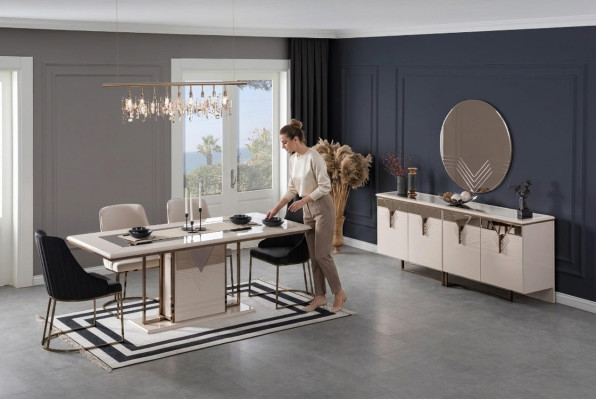 Set da pranzo di lusso 9 pezzi bianco per sala da pranzo con tavolo, sedie e buffet