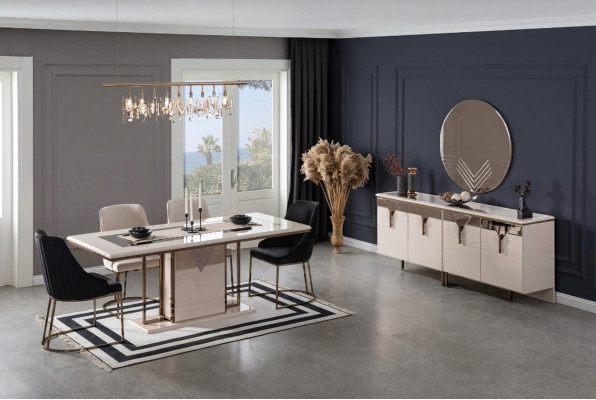 Set da pranzo di lusso 9 pezzi bianco per sala da pranzo con tavolo, sedie e buffet