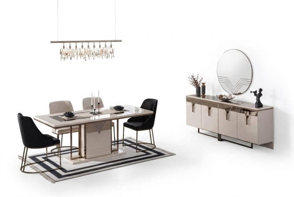 Set da pranzo di lusso 9 pezzi bianco per sala da pranzo con tavolo, sedie e buffet