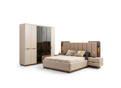 Lussuoso set di biancheria per letto matrimoniale beige con comodini camera da letto 4 pezzi.
