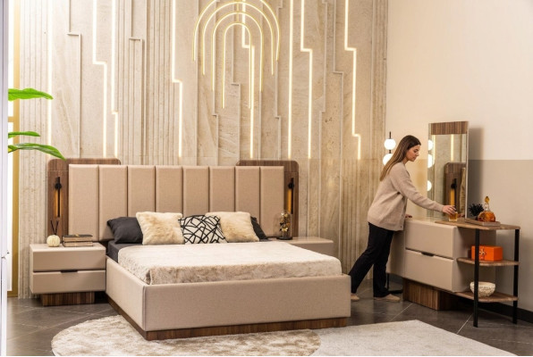 Set da camera da letto Letto matrimoniale Comodini Tessuto beige 4 pezzi Trucco