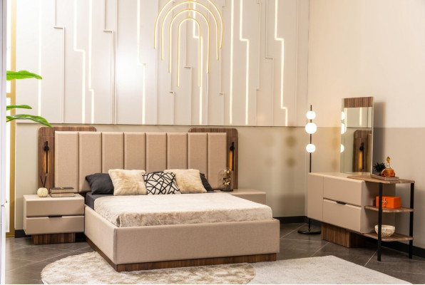 Set da camera da letto Letto matrimoniale Comodini Tessuto beige 4 pezzi Trucco