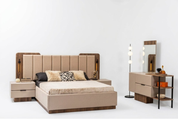 Set da camera da letto Letto matrimoniale Comodini Tessuto beige 4 pezzi Trucco