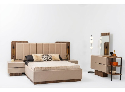 Set da camera da letto Letto matrimoniale Comodini Tessuto beige 4 pezzi Trucco