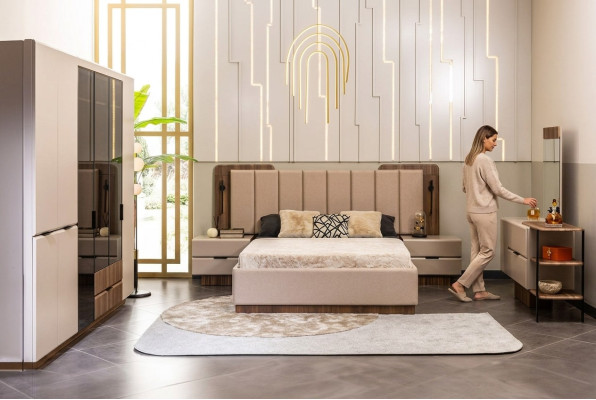 Set di biancheria per letto matrimoniale, comodini in stoffa beige 5 pezzi, armadio per il trucco, letto.