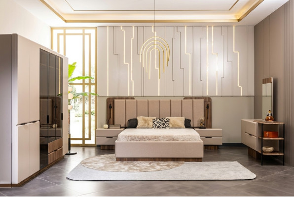 Set di biancheria per letto matrimoniale, comodini in stoffa beige 5 pezzi, armadio per il trucco, letto.
