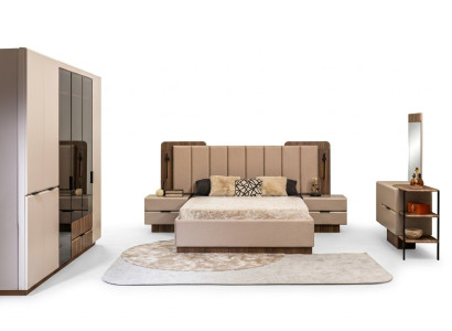 Set di biancheria per letto matrimoniale, comodini in stoffa beige 5 pezzi, armadio per il trucco, letto.