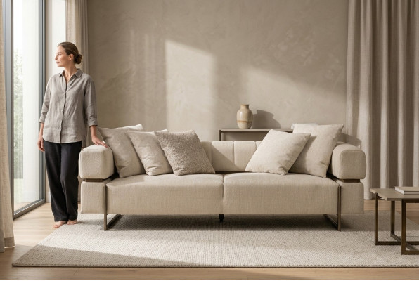 Divano in tessuto beige a tre posti di design, arredamento imbottito, lussuoso divano a tre posti.