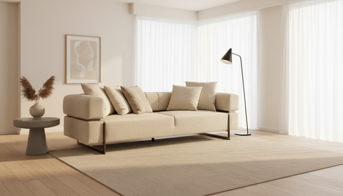 Divano in tessuto beige a tre posti di design, arredamento imbottito, lussuoso divano a tre posti.