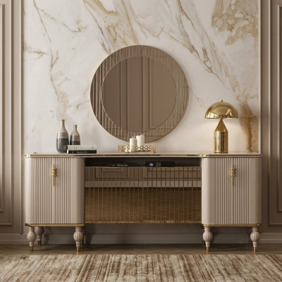 Set di lussuoso salotto, credenza moderna in vetro, specchio e legno.