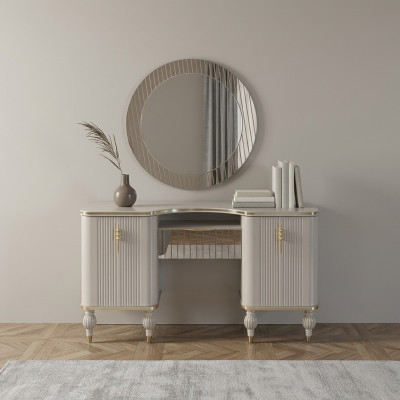 Tavolo da trucco beige Designer Specchio consolle da toeletta da trucco.   Tavolo da trucco beige Designer Specchio consolle da toeletta da trucco.