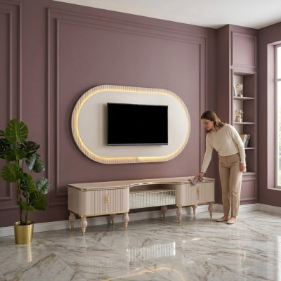 Moderne Soggiorno Beige Set Parete Design RTV Lowboard Pannello Parete 2 pezzi