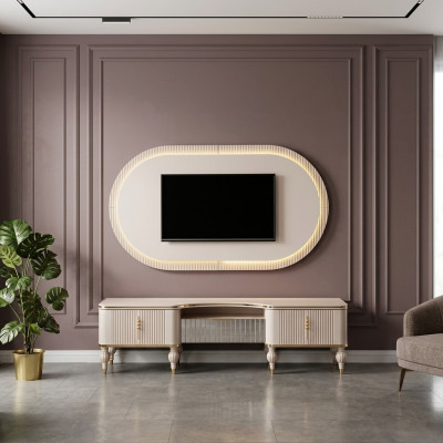 Moderne Soggiorno Beige Set Parete Design RTV Lowboard Pannello Parete 2 pezzi