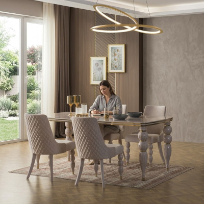 Marrone chiaro Beige Set da pranzo con tavolo da pranzo in legno di design x6 sedie Set di lusso 7 pezzi