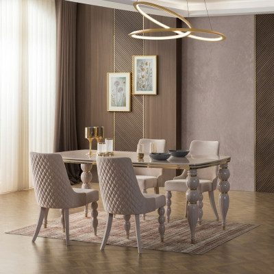 Marrone chiaro Beige Set da pranzo con tavolo da pranzo in legno di design x6 sedie Set di lusso 7 pezzi