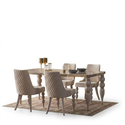Marrone chiaro Beige Set da pranzo con tavolo da pranzo in legno di design x6 sedie Set di lusso 7 pezzi