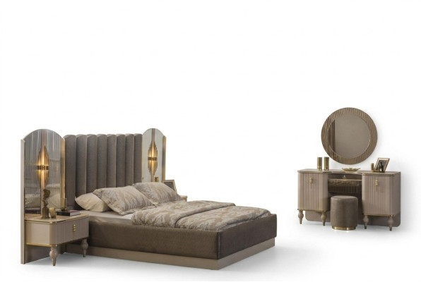 Set da camera grigio con letto matrimoniale, toilette, console, comodini.
