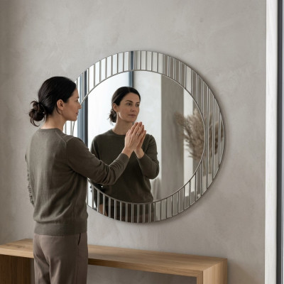 Specchio circolare grigio dal design moderno, specchio d'ingresso decorativo, mobile di lusso.