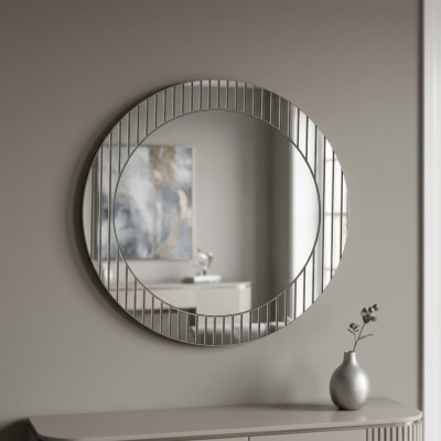 Specchio circolare grigio dal design moderno, specchio d'ingresso decorativo, mobile di lusso.
