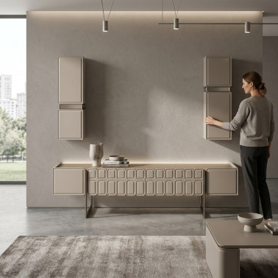 Soggiorno moderno in legno, mobili, designer, mobile TV x2, set di 3 mensole a muro