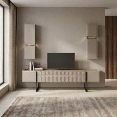 Soggiorno moderno in legno, mobili, designer, mobile TV x2, set di 3 mensole a muro