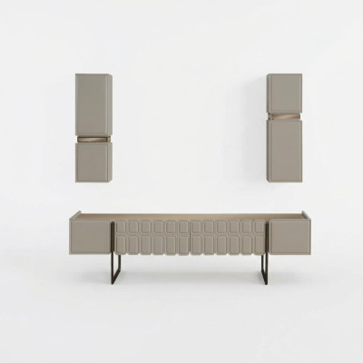 Soggiorno moderno in legno, mobili, designer, mobile TV x2, set di 3 mensole a muro