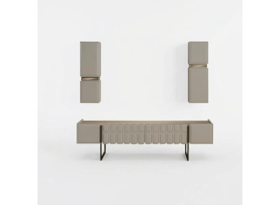 Soggiorno moderno in legno, mobili, designer, mobile TV x2, set di 3 mensole a muro