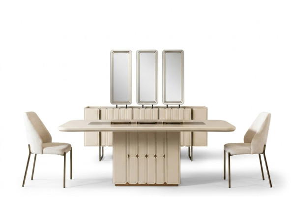 Moderno set da sala da pranzo bianca tavolo buffet sedie x3 specchio 9 pezzi.