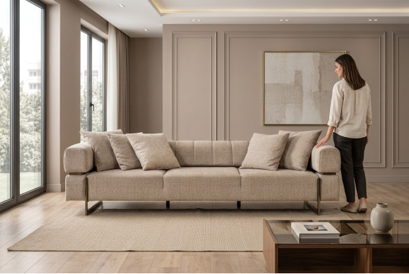Beige divano a 4 posti in tessuto da designer, divani imbottiti per il soggiorno.