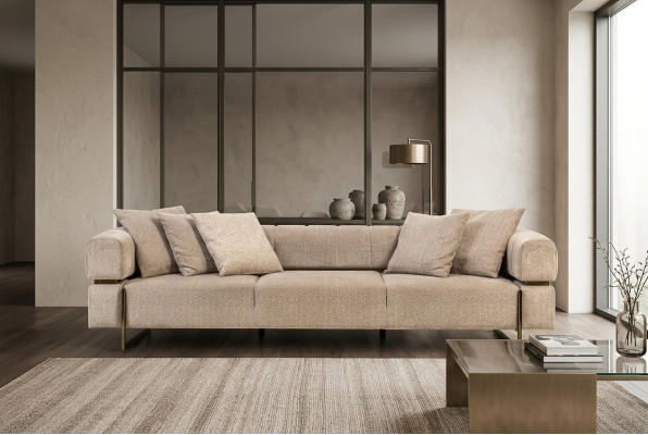 Beige divano a 4 posti in tessuto da designer, divani imbottiti per il soggiorno.