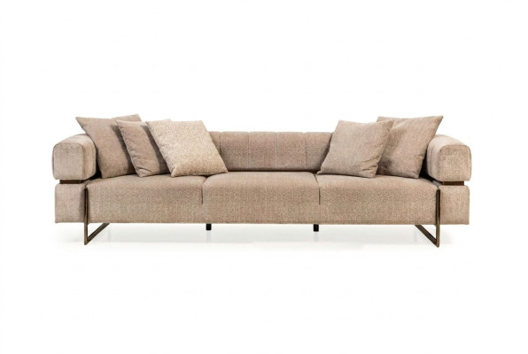 Beige divano a 4 posti in tessuto da designer, divani imbottiti per il soggiorno.