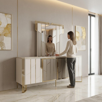 Mobile portaoggetti di lusso con specchio credenza comò armadietto in legno design bianco