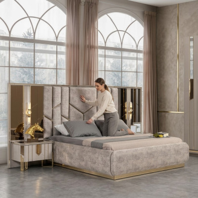 Camera da letto Set letto matrimoniale Comodini 3 pezzi Beige Lusso