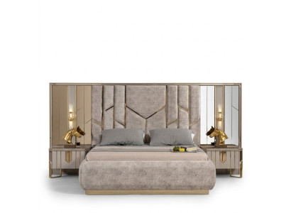 Camera da letto Set letto matrimoniale Comodini 3 pezzi Beige Lusso