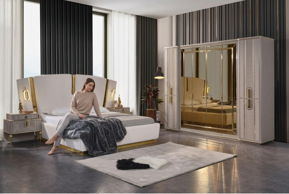 Set di lenzuola matrimoniali, letto con comodini 4 pezzi beige, armadio.