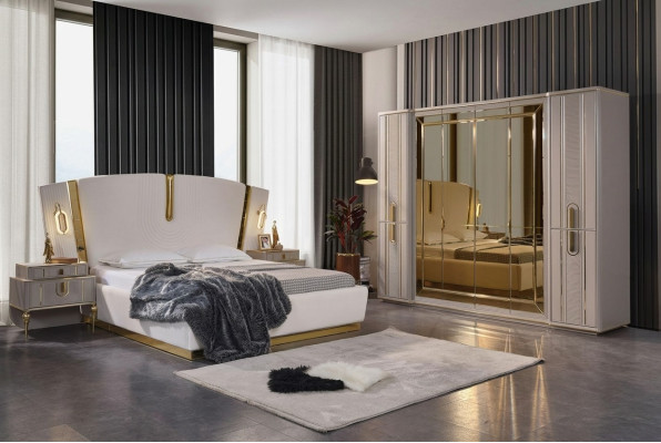 Set di lenzuola matrimoniali, letto con comodini 4 pezzi beige, armadio.