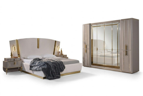Set di lenzuola matrimoniali, letto con comodini 4 pezzi beige, armadio.
