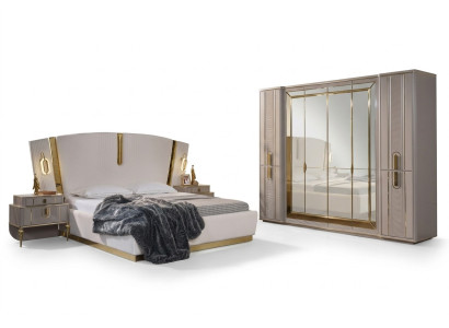 Set di lenzuola matrimoniali, letto con comodini 4 pezzi beige, armadio.