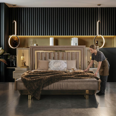 Mobili camera da letto completi Letto matrimoniale Letti Tavolini comodino Beige 3 pezzi