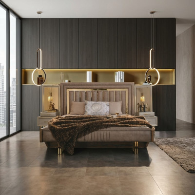 Mobili camera da letto completi Letto matrimoniale Letti Tavolini comodino Beige 3 pezzi