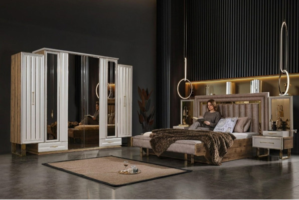 Mobili da camera da letto completi, letto matrimoniale, comodini beige 4 pezzi