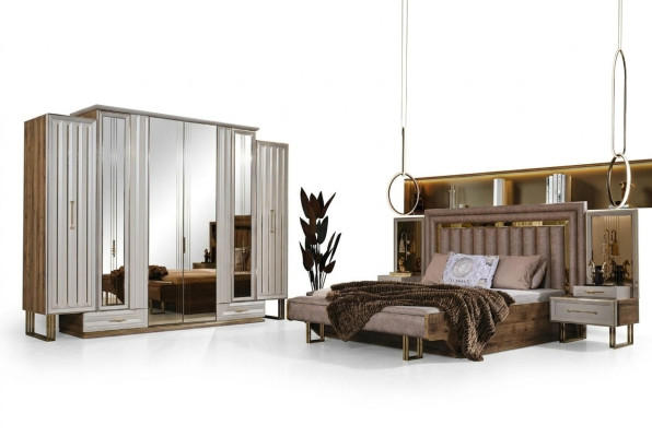 Mobili da camera da letto completi, letto matrimoniale, comodini beige 4 pezzi