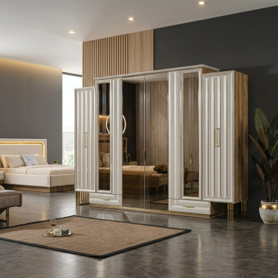 Armadio guardaroba di lusso armadio in legno con specchio beige.