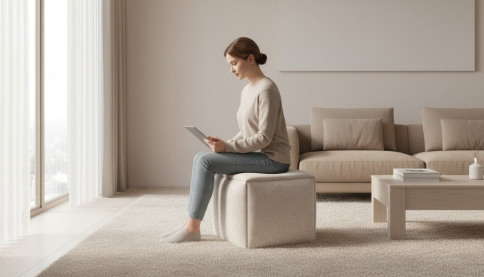 Sgabello Puff Poggiapiedi Bellezza in Tessuto Beige Moderno
