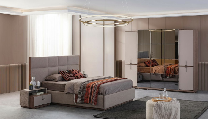 Camera da letto completa, letto matrimoniale, comodini, grigio, 4 pezzi, armadio