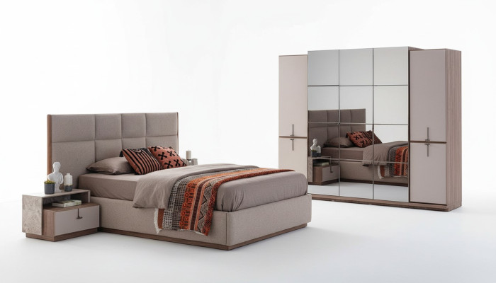 Camera da letto completa, letto matrimoniale, comodini, grigio, 4 pezzi, armadio