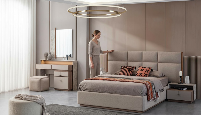 Mobili da camera da letto di lusso Letto matrimoniale Comodini Grigio Armadio 6 pezzi Letto